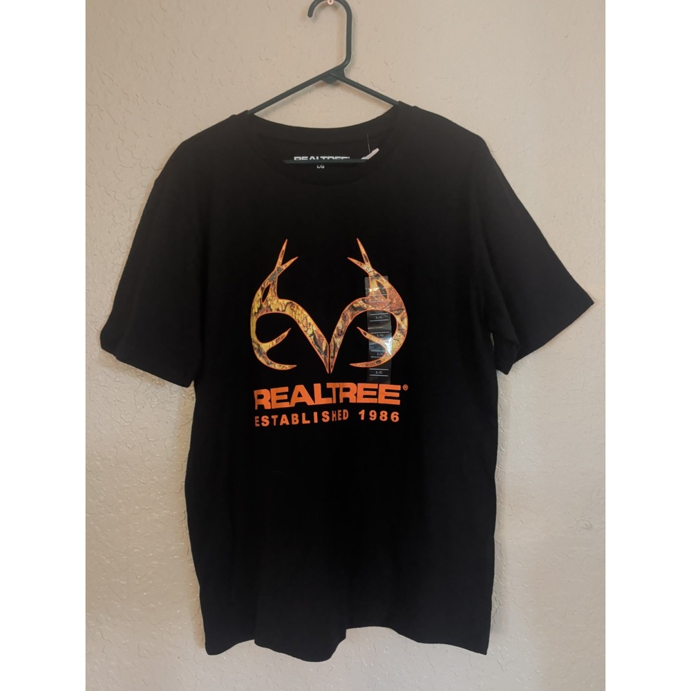 Realtree Mens Large Black Cotton T Shirt With Orange Deer Head Hunting Logo NEW